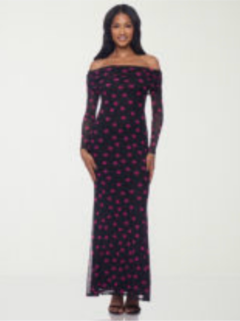 Off-Shoulder Black Maxi Dress with Fushisha Dot Print
